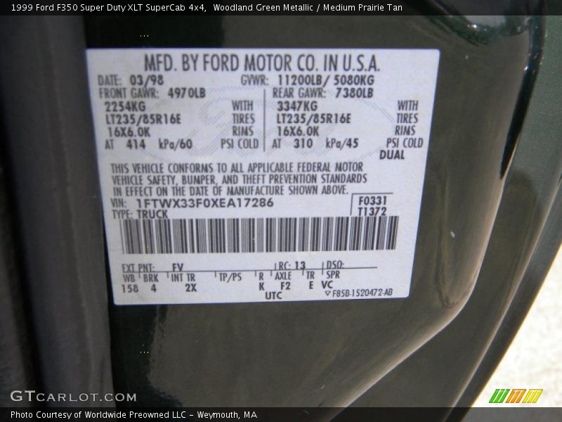 1999 F350 Super Duty XLT SuperCab 4x4 Woodland Green Metallic Color Code FV