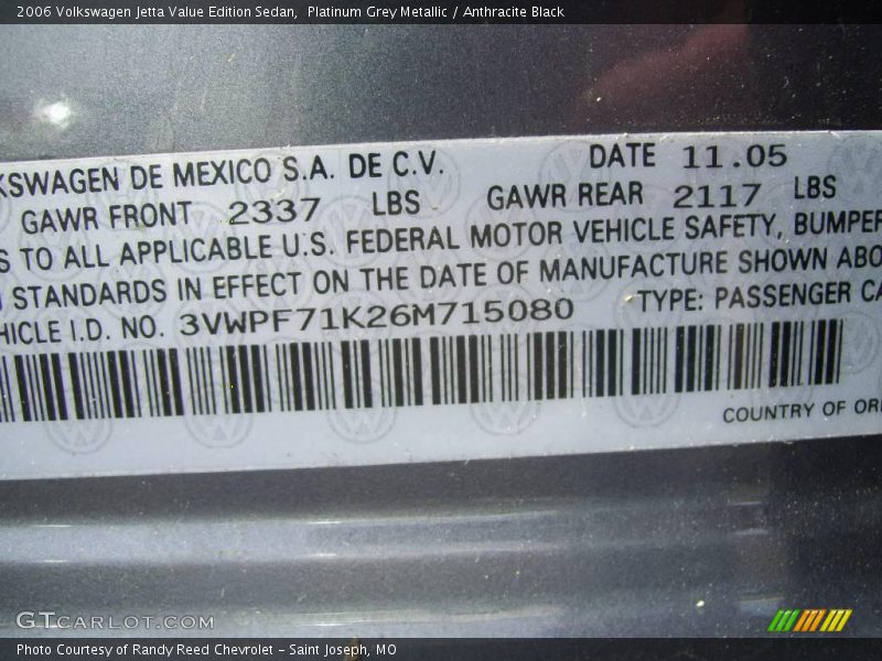 Platinum Grey Metallic / Anthracite Black 2006 Volkswagen Jetta Value Edition Sedan