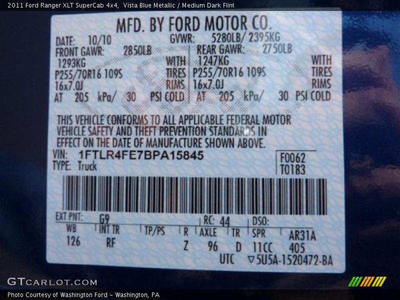 2011 Ranger XLT SuperCab 4x4 Vista Blue Metallic Color Code G9