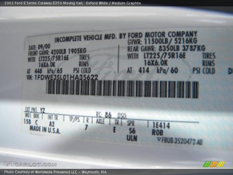 Oxford White / Medium Graphite 2001 Ford E Series Cutaway E350 Moving Van