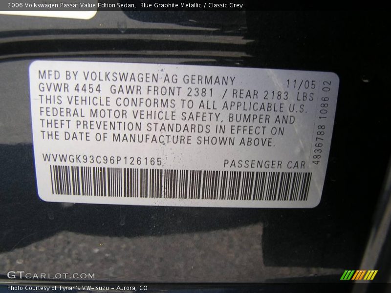 Blue Graphite Metallic / Classic Grey 2006 Volkswagen Passat Value Edtion Sedan