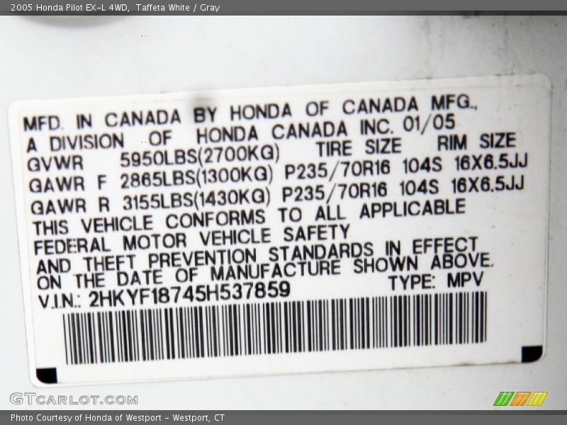 Taffeta White / Gray 2005 Honda Pilot EX-L 4WD
