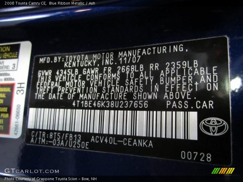 Blue Ribbon Metallic / Ash 2008 Toyota Camry CE