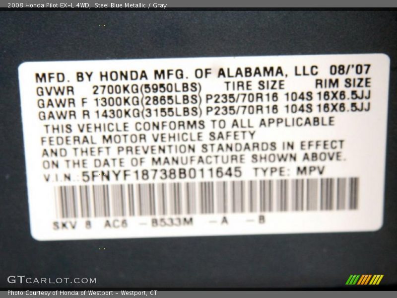 Steel Blue Metallic / Gray 2008 Honda Pilot EX-L 4WD
