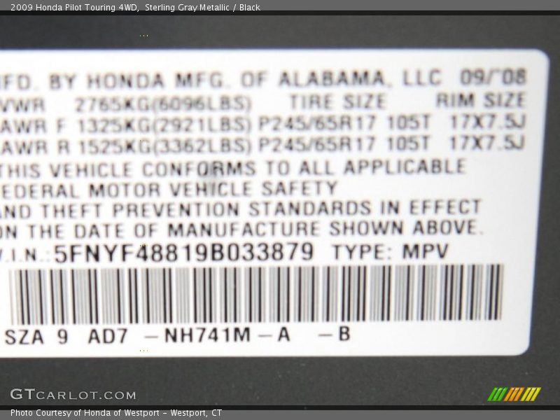 Sterling Gray Metallic / Black 2009 Honda Pilot Touring 4WD