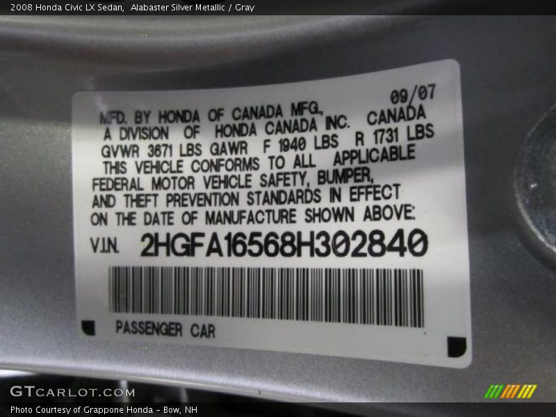 Alabaster Silver Metallic / Gray 2008 Honda Civic LX Sedan