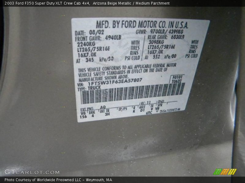 2003 F350 Super Duty XLT Crew Cab 4x4 Arizona Beige Metallic Color Code AQ