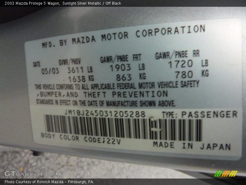 2003 Protege 5 Wagon Sunlight Silver Metallic Color Code 22V