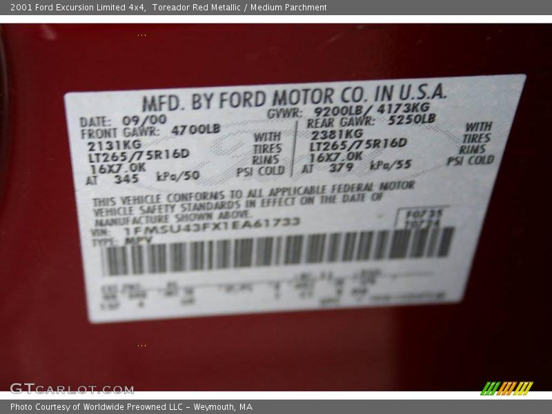 Toreador Red Metallic / Medium Parchment 2001 Ford Excursion Limited 4x4