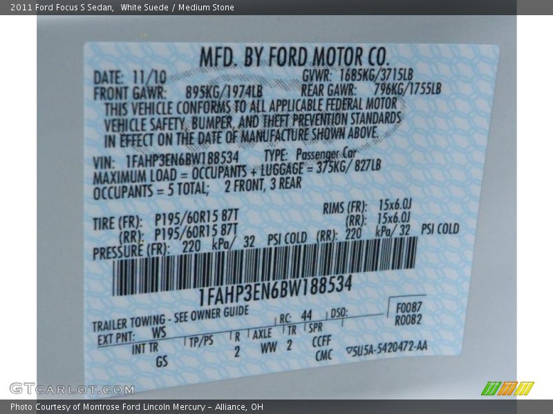 White Suede / Medium Stone 2011 Ford Focus S Sedan