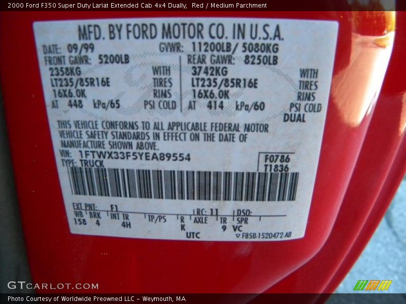 Red / Medium Parchment 2000 Ford F350 Super Duty Lariat Extended Cab 4x4 Dually