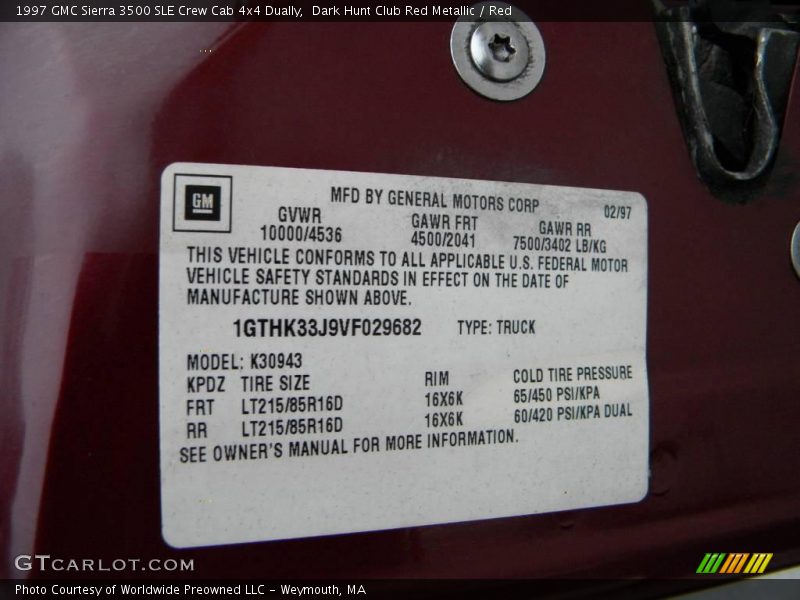 Dark Hunt Club Red Metallic / Red 1997 GMC Sierra 3500 SLE Crew Cab 4x4 Dually