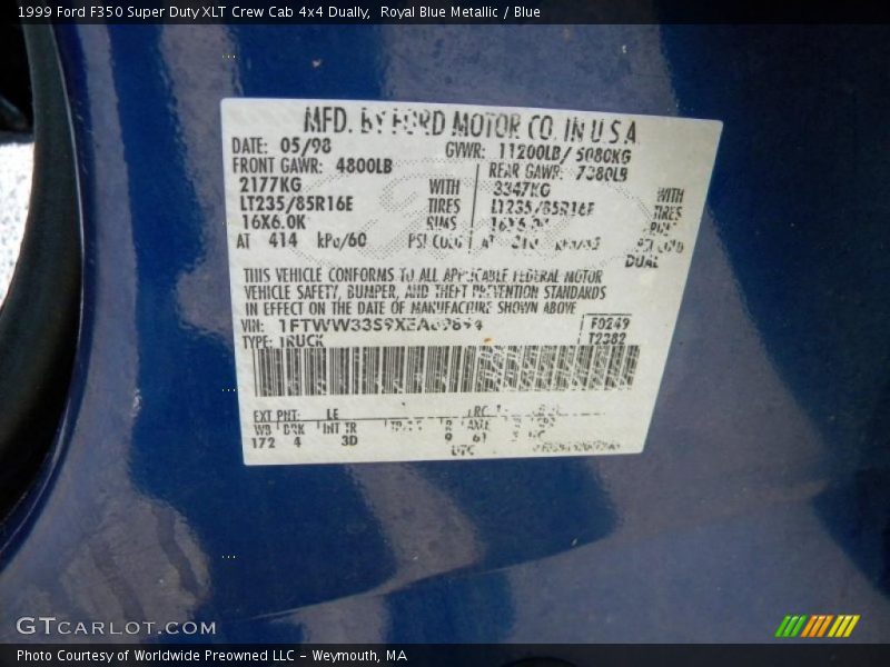 1999 F350 Super Duty XLT Crew Cab 4x4 Dually Royal Blue Metallic Color Code LE