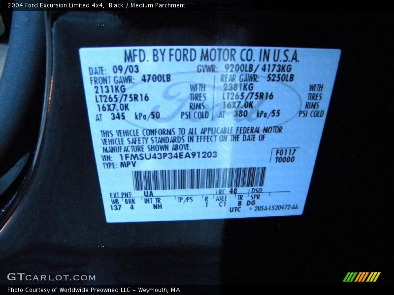 2004 Excursion Limited 4x4 Black Color Code UA