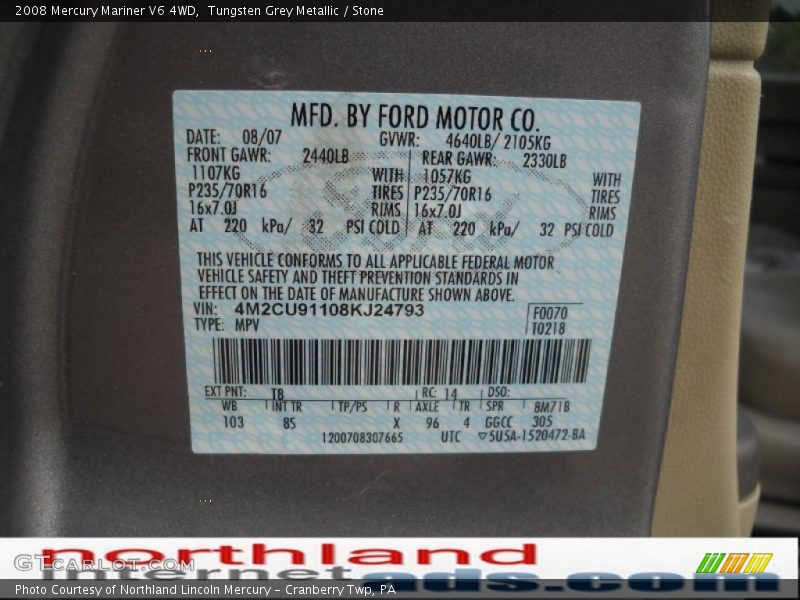 Tungsten Grey Metallic / Stone 2008 Mercury Mariner V6 4WD