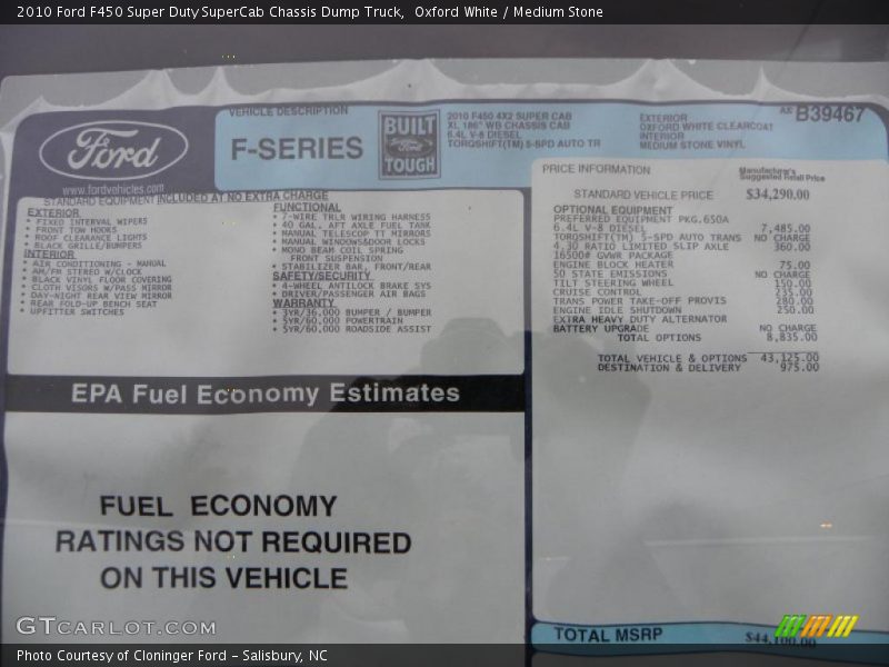  2010 F450 Super Duty SuperCab Chassis Dump Truck Window Sticker