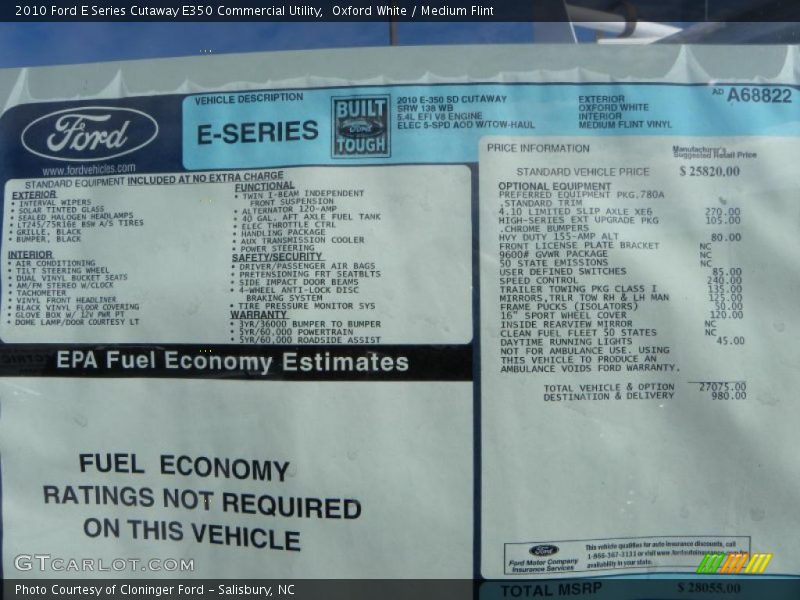  2010 E Series Cutaway E350 Commercial Utility Window Sticker
