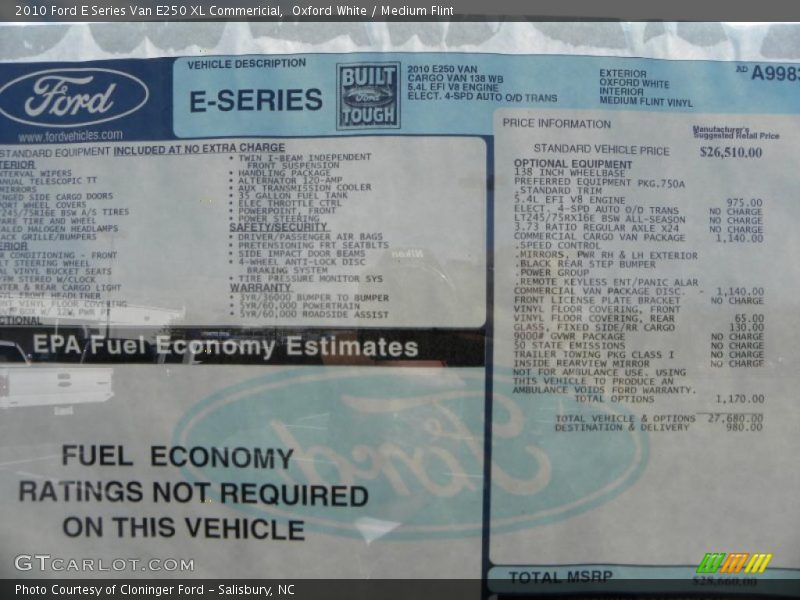 2010 E Series Van E250 XL Commericial Window Sticker