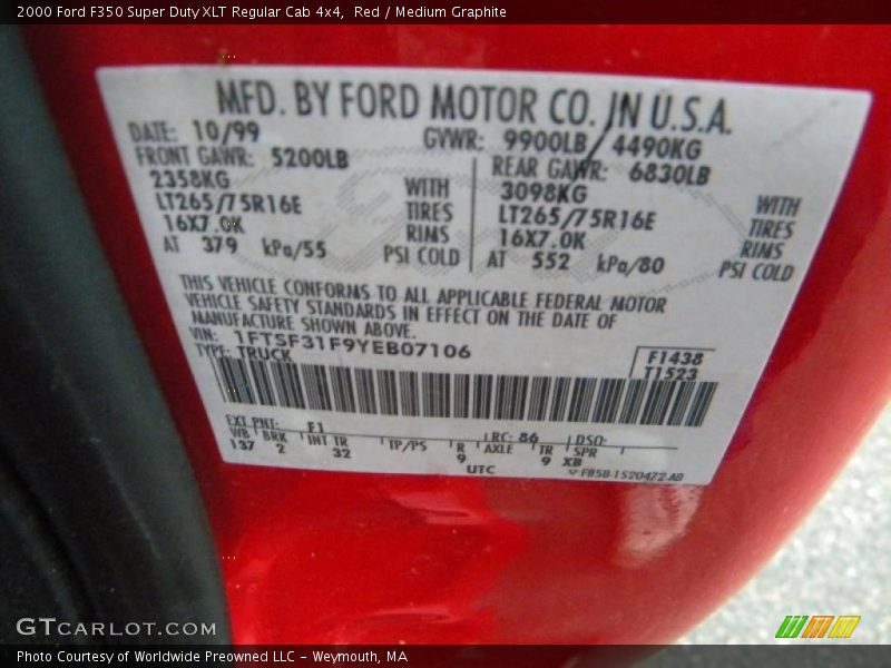2000 F350 Super Duty XLT Regular Cab 4x4 Red Color Code F1