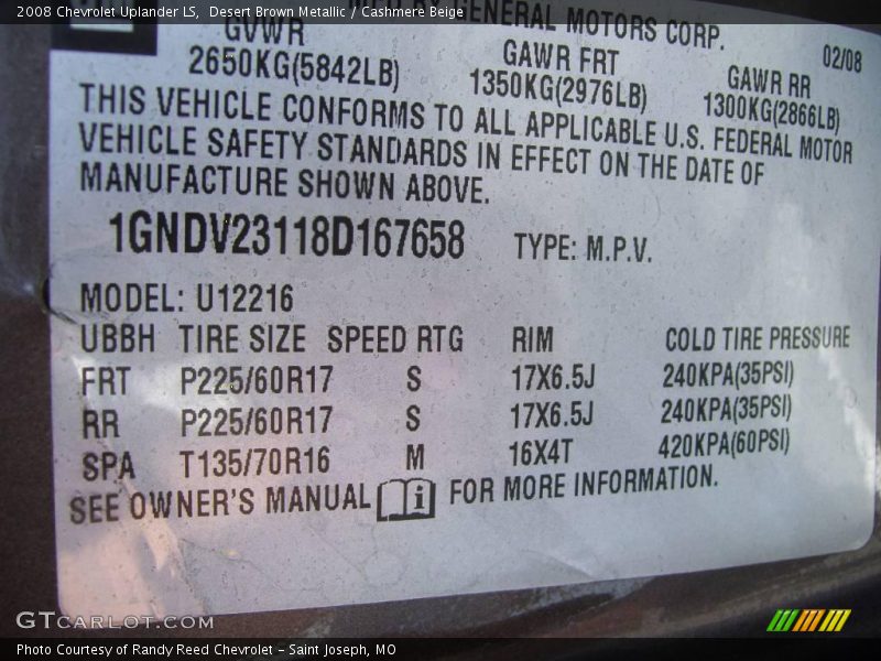 Desert Brown Metallic / Cashmere Beige 2008 Chevrolet Uplander LS