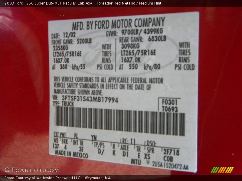 Toreador Red Metallic / Medium Flint 2003 Ford F350 Super Duty XLT Regular Cab 4x4