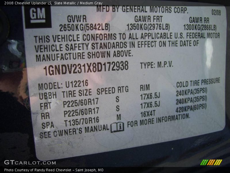 Slate Metallic / Medium Gray 2008 Chevrolet Uplander LS