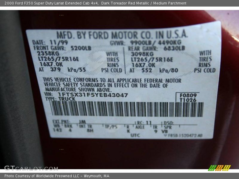 2000 F350 Super Duty Lariat Extended Cab 4x4 Dark Toreador Red Metallic Color Code JM
