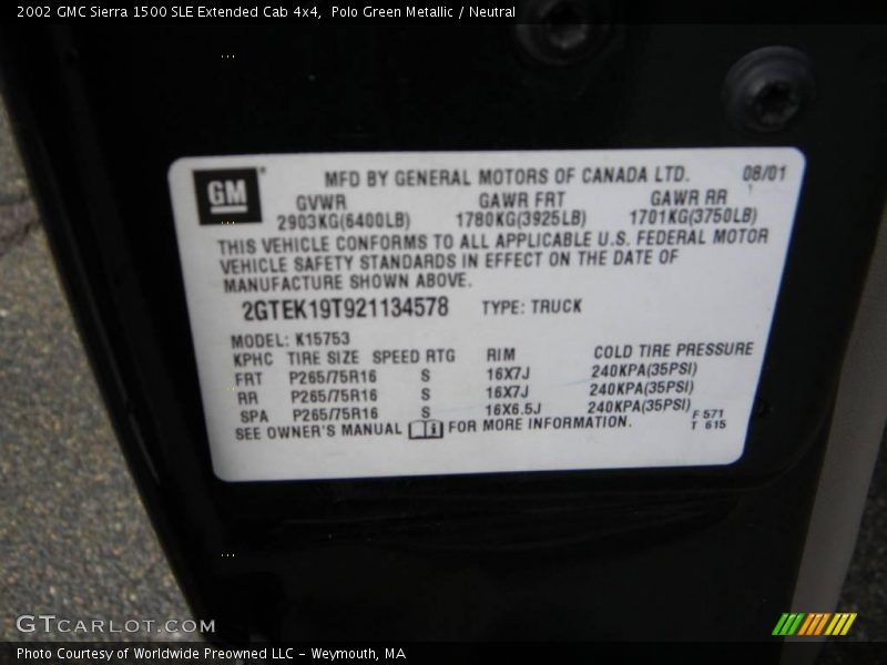 Info Tag of 2002 Sierra 1500 SLE Extended Cab 4x4