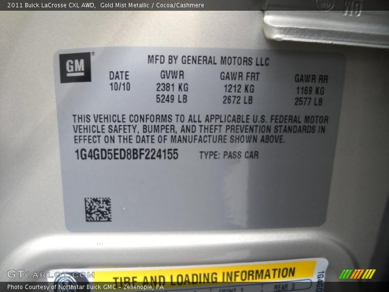 Gold Mist Metallic / Cocoa/Cashmere 2011 Buick LaCrosse CXL AWD