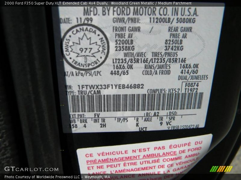 2000 F350 Super Duty XLT Extended Cab 4x4 Dually Woodland Green Metallic Color Code FV