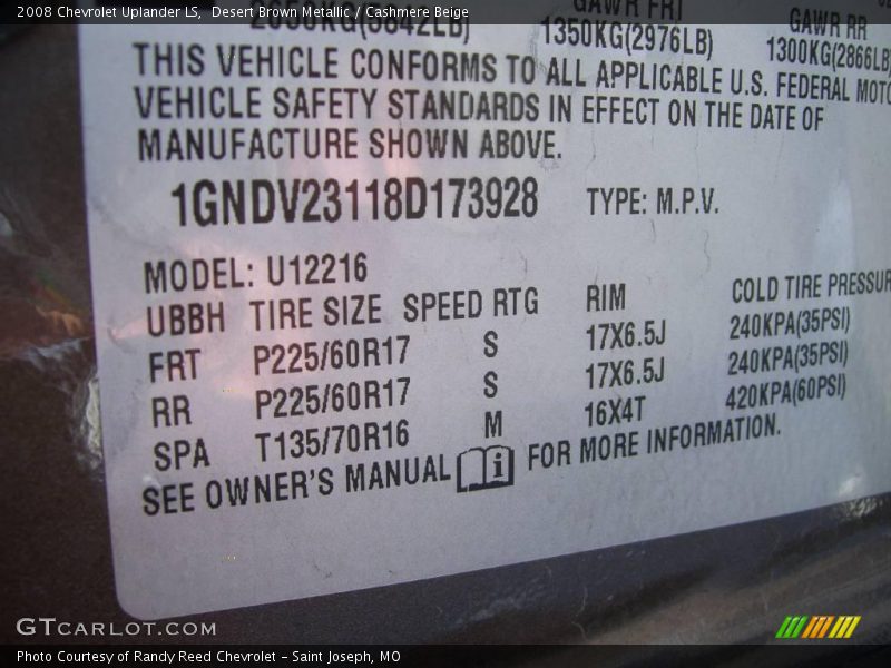 Desert Brown Metallic / Cashmere Beige 2008 Chevrolet Uplander LS