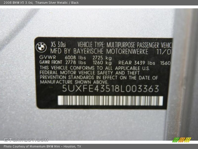 Titanium Silver Metallic / Black 2008 BMW X5 3.0si