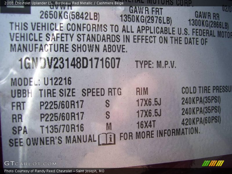 Bordeaux Red Metallic / Cashmere Beige 2008 Chevrolet Uplander LS