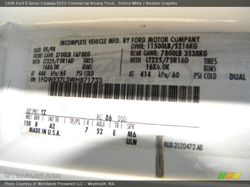 1998 E Series Cutaway E350 Commercial Moving Truck Oxford White Color Code YZ