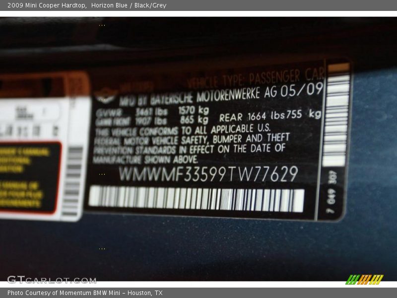 Horizon Blue / Black/Grey 2009 Mini Cooper Hardtop