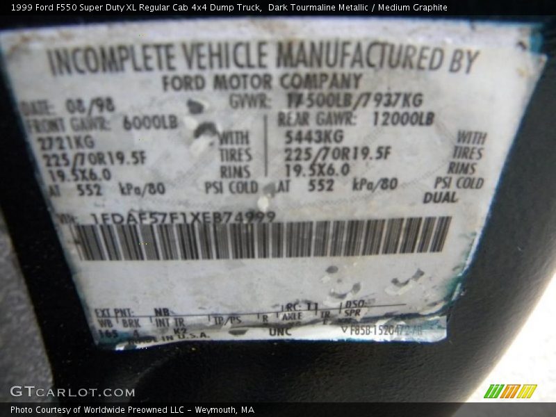 Dark Tourmaline Metallic / Medium Graphite 1999 Ford F550 Super Duty XL Regular Cab 4x4 Dump Truck