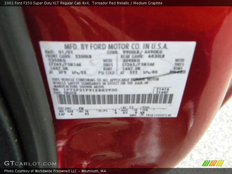 2001 F350 Super Duty XLT Regular Cab 4x4 Toreador Red Metallic Color Code FN