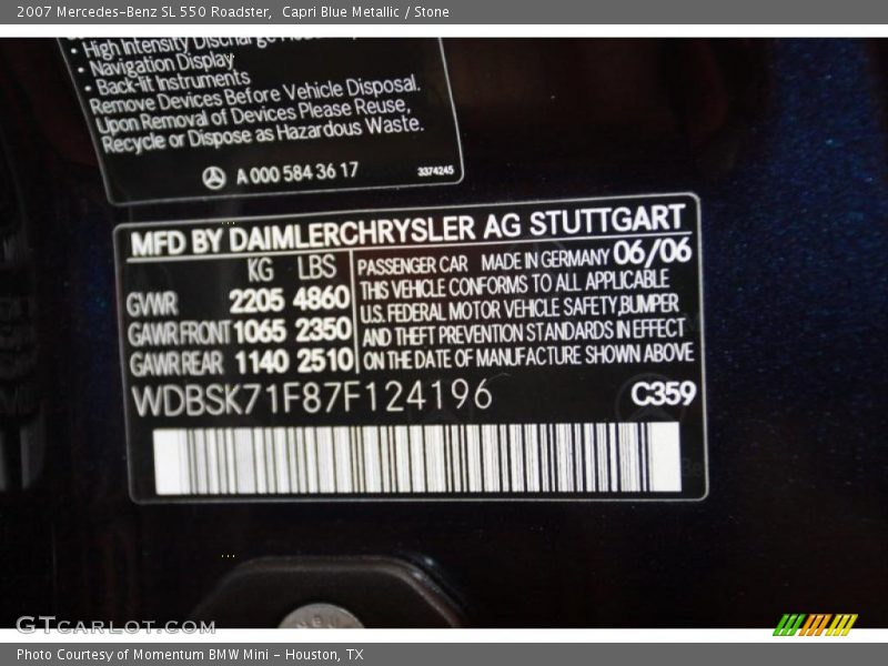 Capri Blue Metallic / Stone 2007 Mercedes-Benz SL 550 Roadster