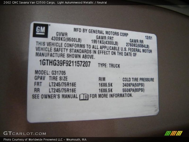 Info Tag of 2002 Savana Van G3500 Cargo