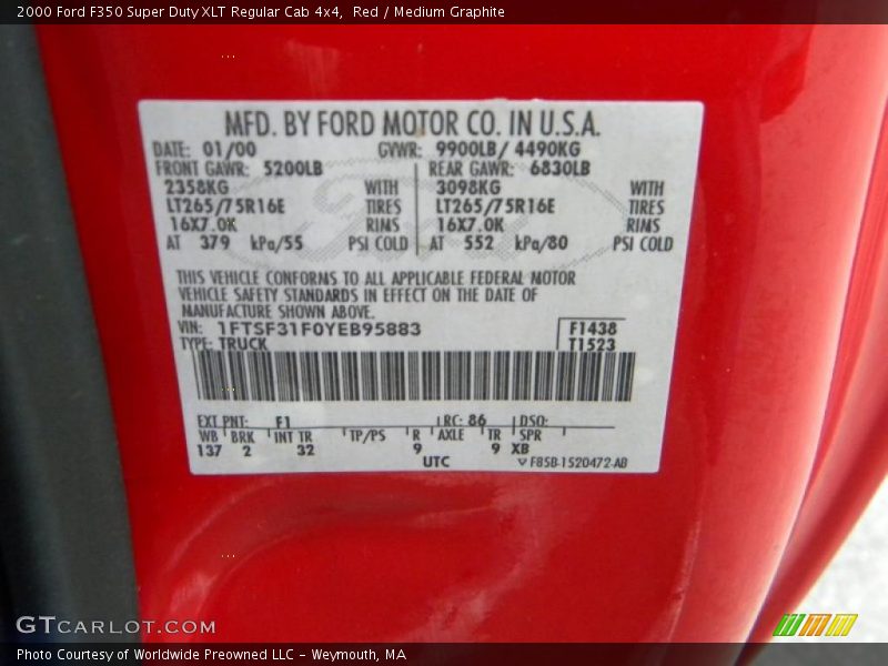 Red / Medium Graphite 2000 Ford F350 Super Duty XLT Regular Cab 4x4