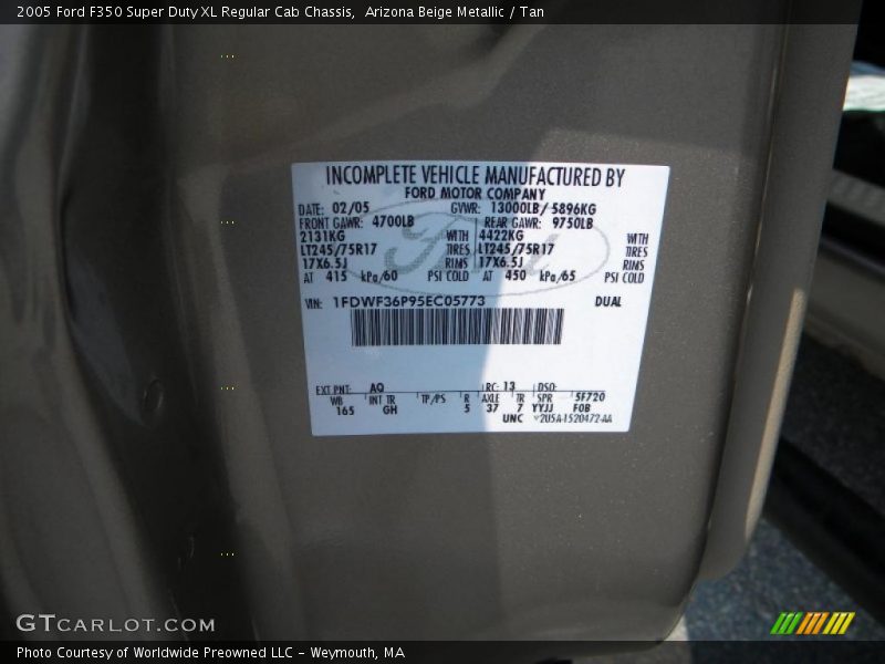 2005 F350 Super Duty XL Regular Cab Chassis Arizona Beige Metallic Color Code AQ