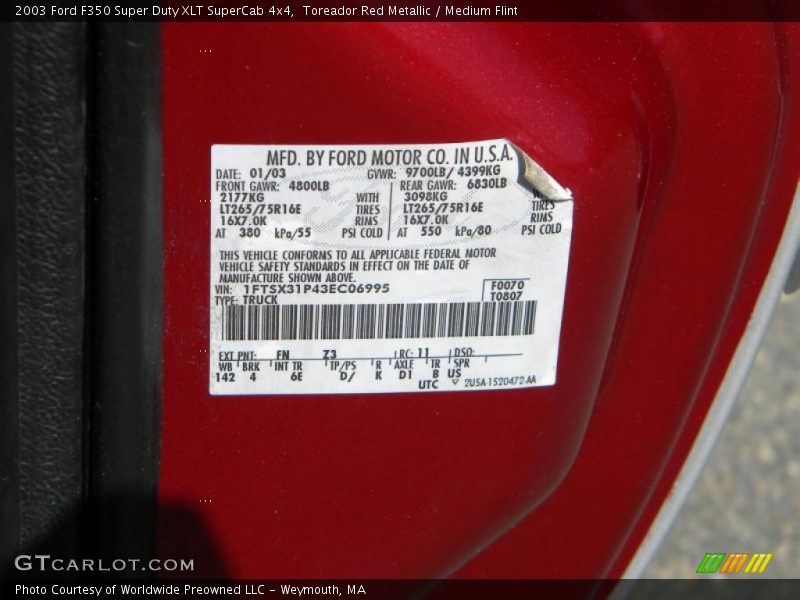 Toreador Red Metallic / Medium Flint 2003 Ford F350 Super Duty XLT SuperCab 4x4