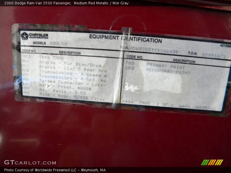 Info Tag of 2000 Ram Van 3500 Passenger