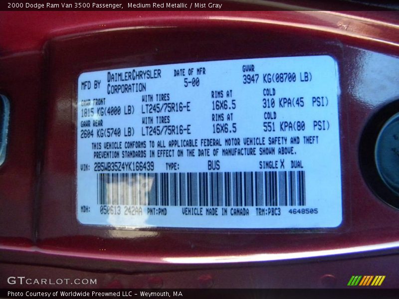 2000 Ram Van 3500 Passenger Medium Red Metallic Color Code PMD