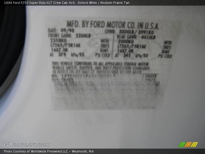 Oxford White / Medium Prairie Tan 1999 Ford F250 Super Duty XLT Crew Cab 4x4