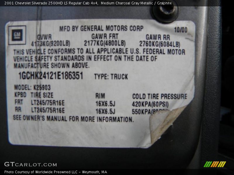 Medium Charcoal Gray Metallic / Graphite 2001 Chevrolet Silverado 2500HD LS Regular Cab 4x4