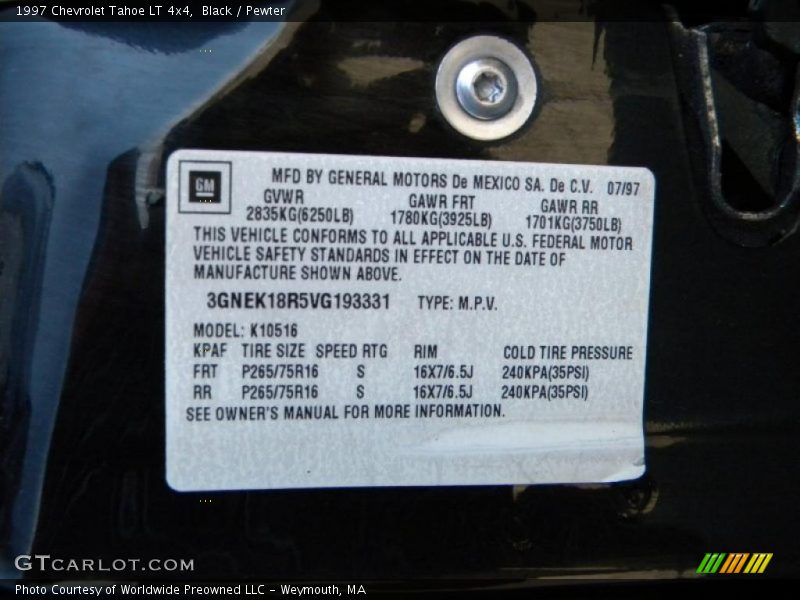 Info Tag of 1997 Tahoe LT 4x4