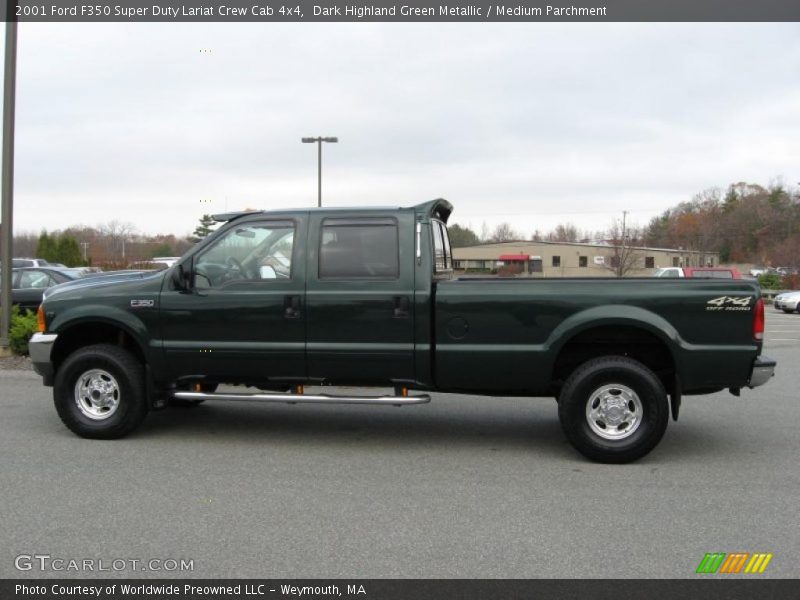 Dark Highland Green Metallic / Medium Parchment 2001 Ford F350 Super Duty Lariat Crew Cab 4x4