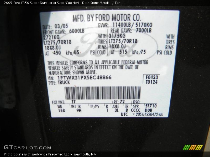 2005 F350 Super Duty Lariat SuperCab 4x4 Dark Stone Metallic Color Code T7