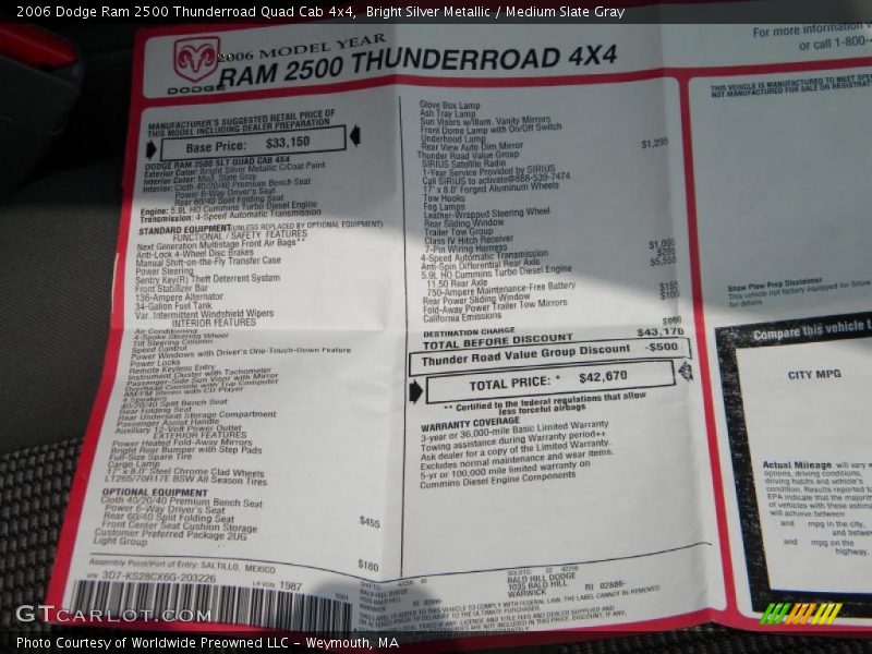  2006 Ram 2500 Thunderroad Quad Cab 4x4 Window Sticker